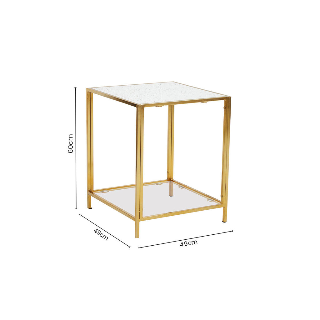 Glass Top Side Table With White Terrazzo Shelf & Gold Metal Frame, Novi