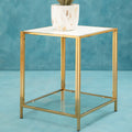 Glass Top Side Table With White Terrazzo Shelf & Gold Metal Frame, Novi