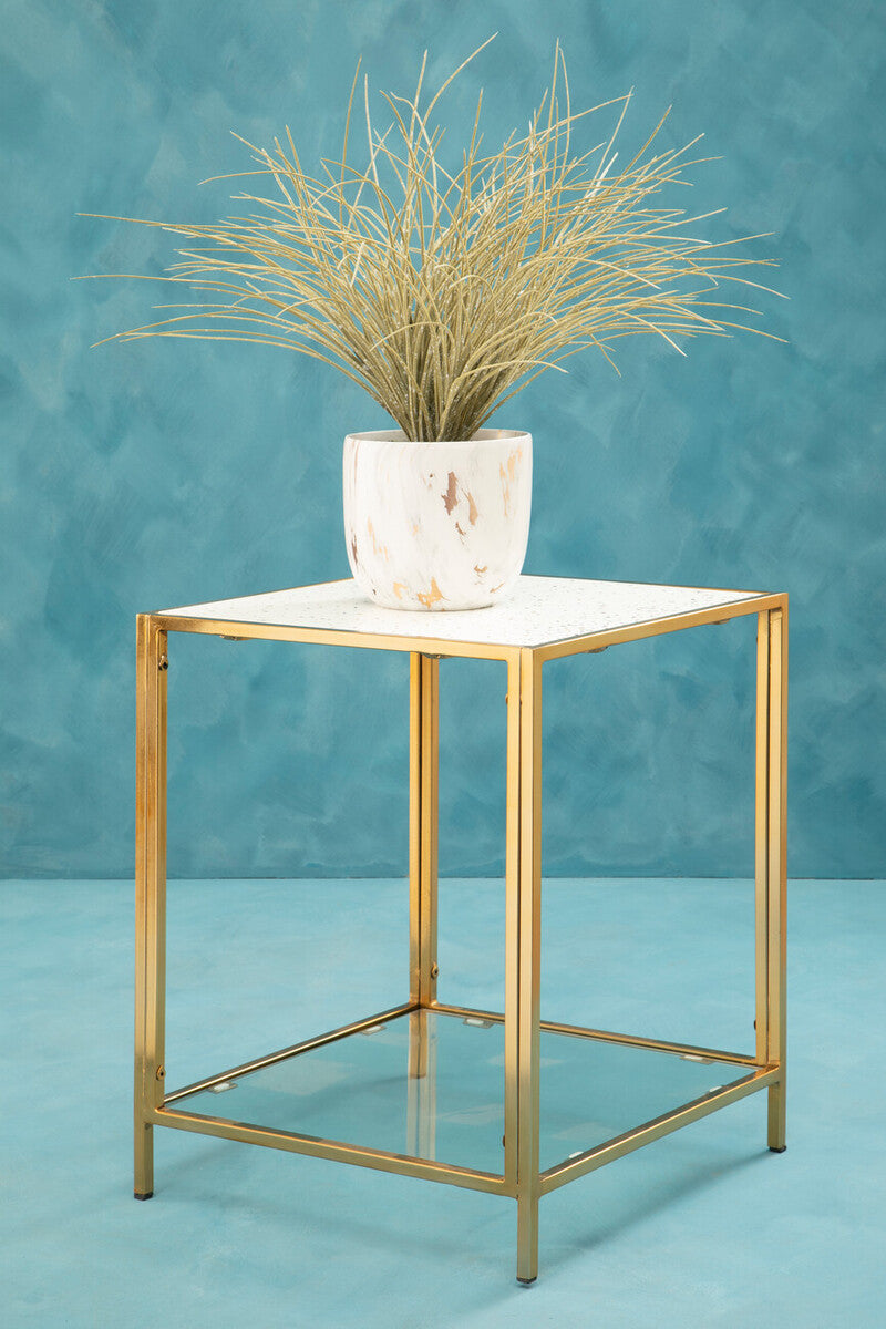 Glass Top Side Table With White Terrazzo Shelf & Gold Metal Frame, Novi