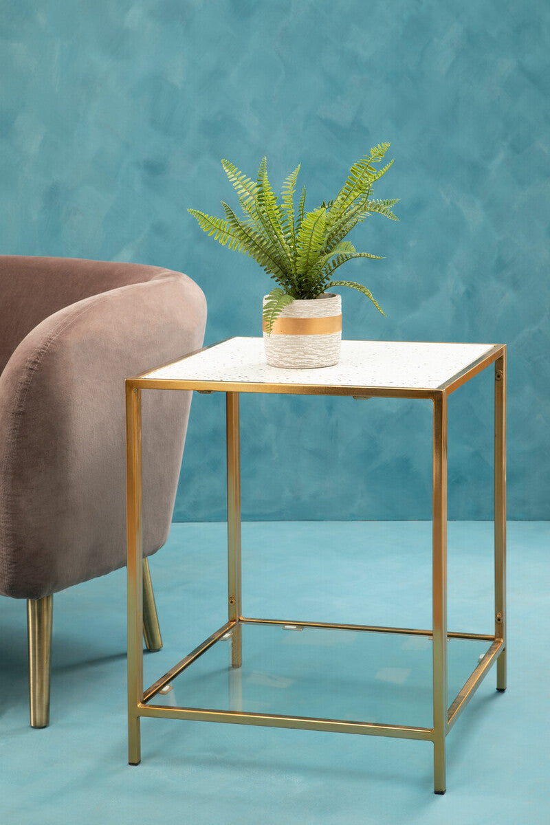 Glass Top Side Table With White Terrazzo Shelf & Gold Metal Frame, Novi