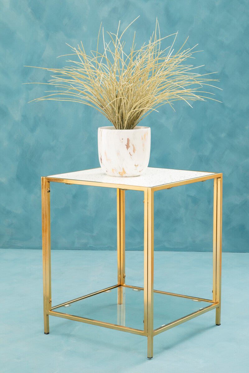 Glass Top Side Table With White Terrazzo Shelf & Gold Metal Frame, Novi