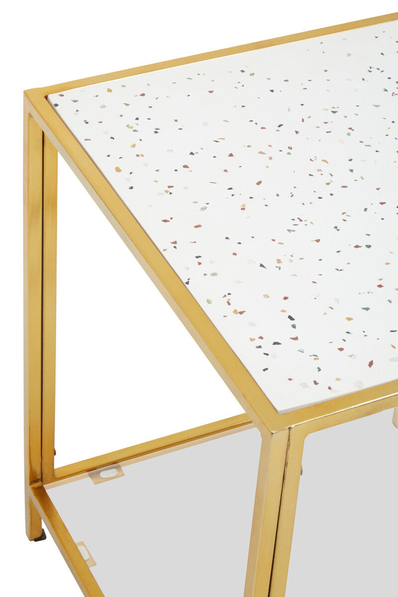 Glass Top Side Table With White Terrazzo Shelf & Gold Metal Frame, Novi