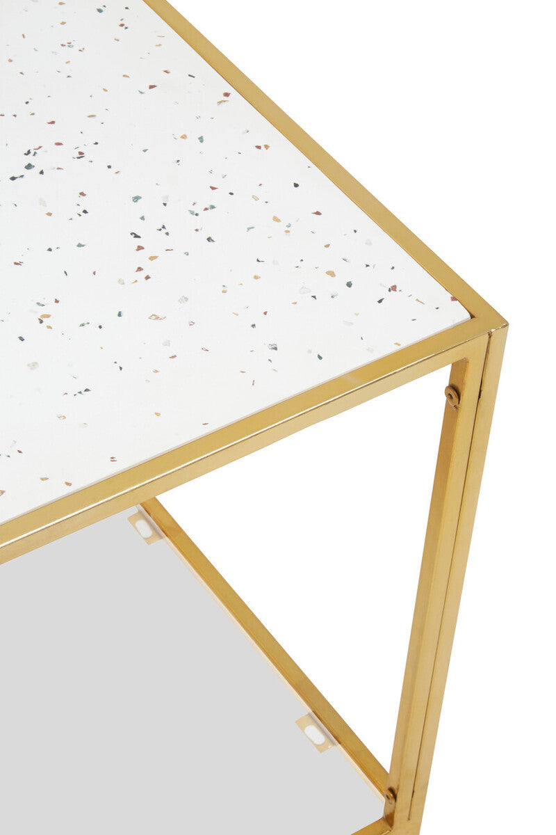 Glass Top Side Table With White Terrazzo Shelf & Gold Metal Frame, Novi