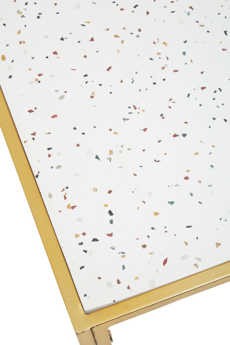Glass Top Side Table With White Terrazzo Shelf & Gold Metal Frame, Novi