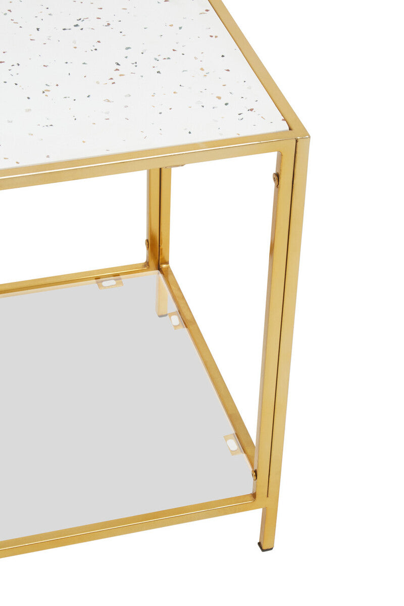 Glass Top Side Table With White Terrazzo Shelf & Gold Metal Frame, Novi