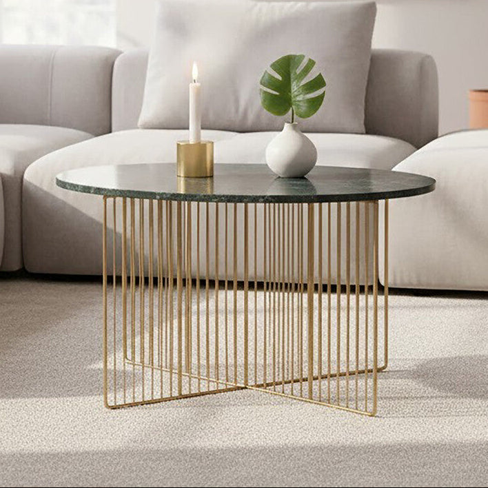 Green Round Marble Coffee Table With Gold Iron Rod Base, Nirav