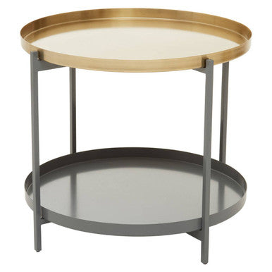 Matte Gold Metal Two Tier Coffee Table With Grey Enamel Shelves, Kobra