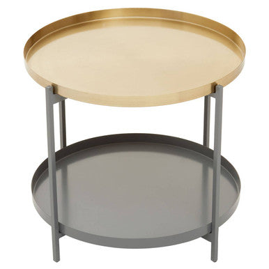 Matte Gold Metal Two Tier Coffee Table With Grey Enamel Shelves, Kobra