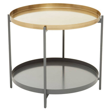 Matte Gold Metal Two Tier Coffee Table With Grey Enamel Shelves, Kobra