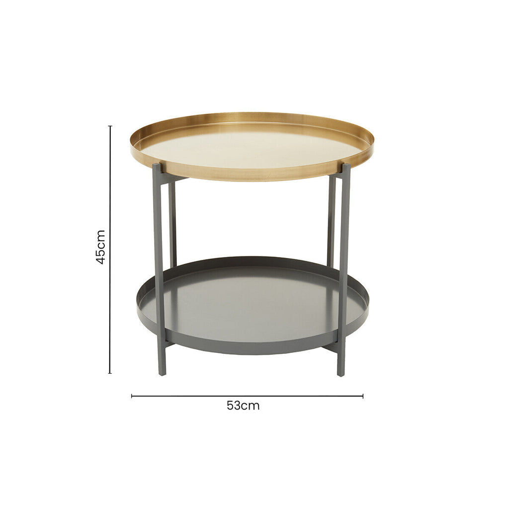 Matte Gold Metal Two Tier Coffee Table With Grey Enamel Shelves, Kobra