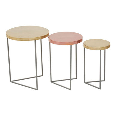 Set Of 3 Nesting Side Tables With Warm Metal Round Tops & Grey Metal Bases, Korba