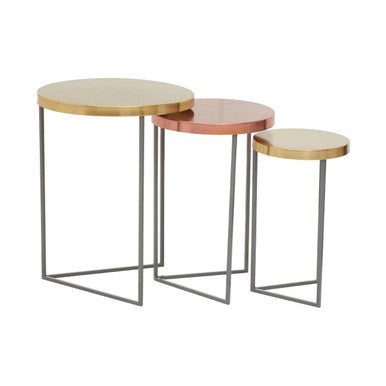Set Of 3 Nesting Side Tables With Warm Metal Round Tops & Grey Metal Bases, Korba