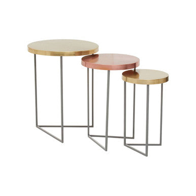 Set Of 3 Nesting Side Tables With Warm Metal Round Tops & Grey Metal Bases, Korba