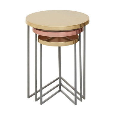 Set Of 3 Nesting Side Tables With Warm Metal Round Tops & Grey Metal Bases, Korba