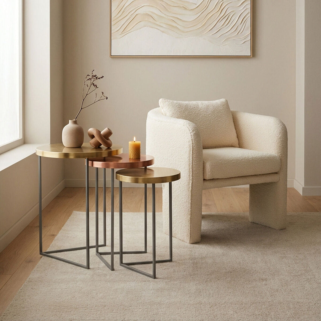 Set Of 3 Nesting Side Tables With Warm Metal Round Tops & Grey Metal Bases, Korba