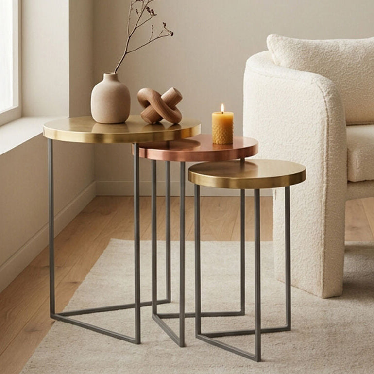 Set Of 3 Nesting Side Tables With Warm Metal Round Tops & Grey Metal Bases, Korba