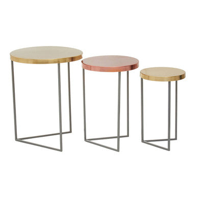 Set Of 3 Nesting Side Tables With Warm Metal Round Tops & Grey Metal Bases, Korba