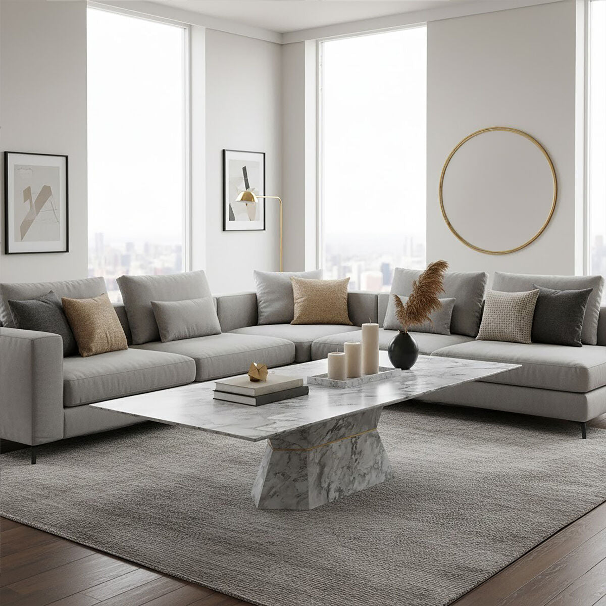 Grey Marble Coffee Table With Geometric Multifaceted Base & Natural Veining, Spezia