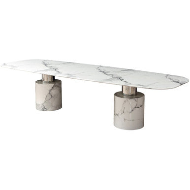 White Marble Dining Table With Cylindrical Marble Legs & Silver Metal Supports, Sesto
