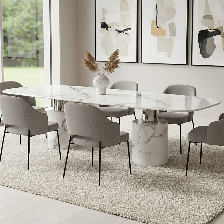 White Marble Dining Table With Cylindrical Marble Legs & Silver Metal Supports, Sesto