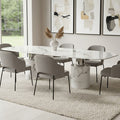 White Marble Dining Table With Cylindrical Marble Legs & Silver Metal Supports, Sesto