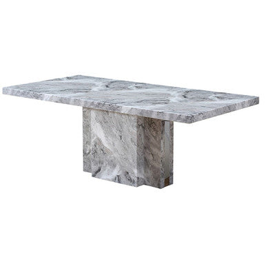 Grey Marble Top Dining Table With Pedestal Base & Stainless Steel Silver Trim, Saronno