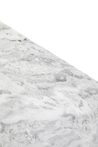 Grey Marble Top Dining Table With Pedestal Base & Stainless Steel Silver Trim, Saronno
