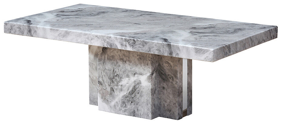 Grey Marble Top Coffee Table With Pedestal Base & Silver Metal Trim, Saronno