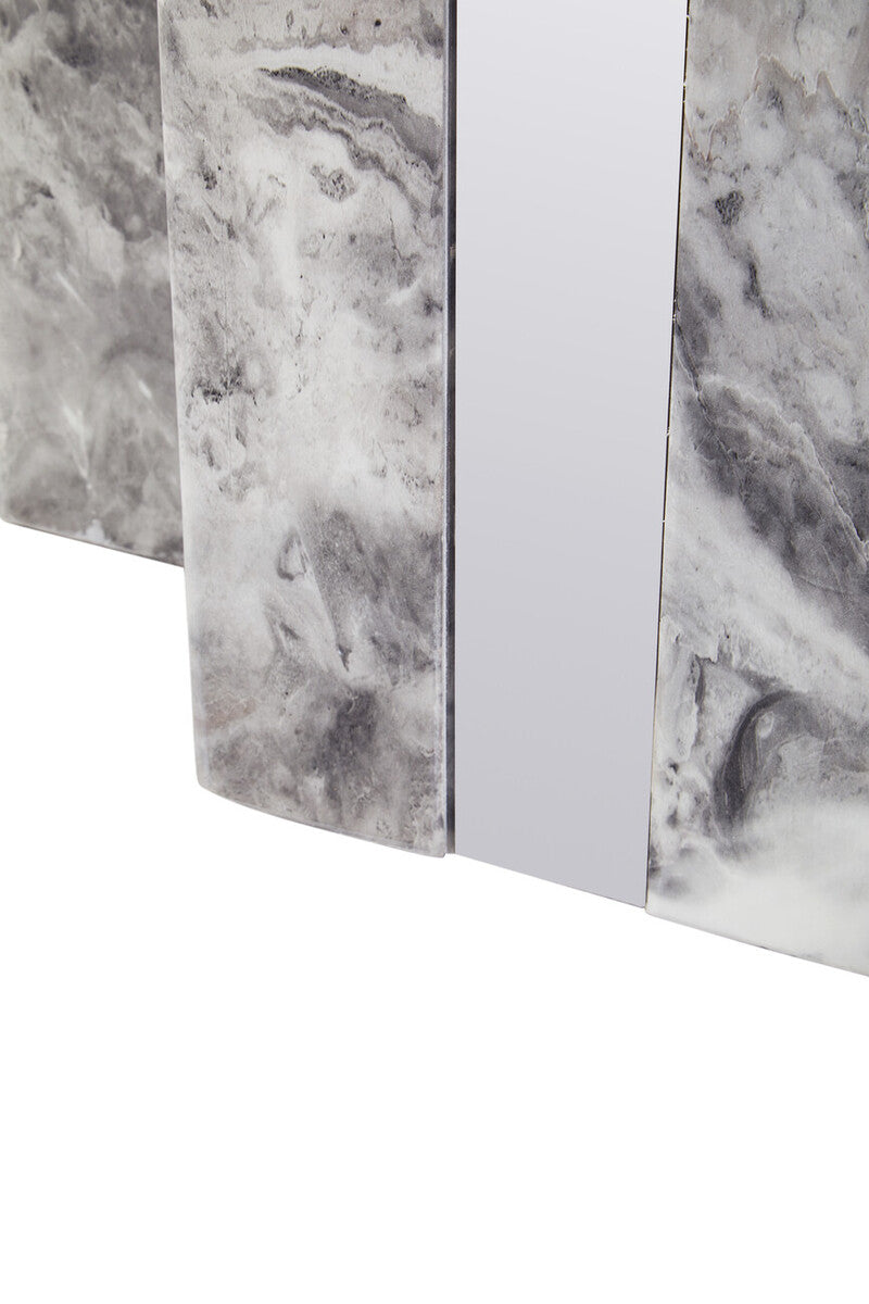 Grey Marble Top Coffee Table With Pedestal Base & Silver Metal Trim, Saronno
