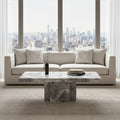 Grey Marble Top Coffee Table With Pedestal Base & Silver Metal Trim, Saronno