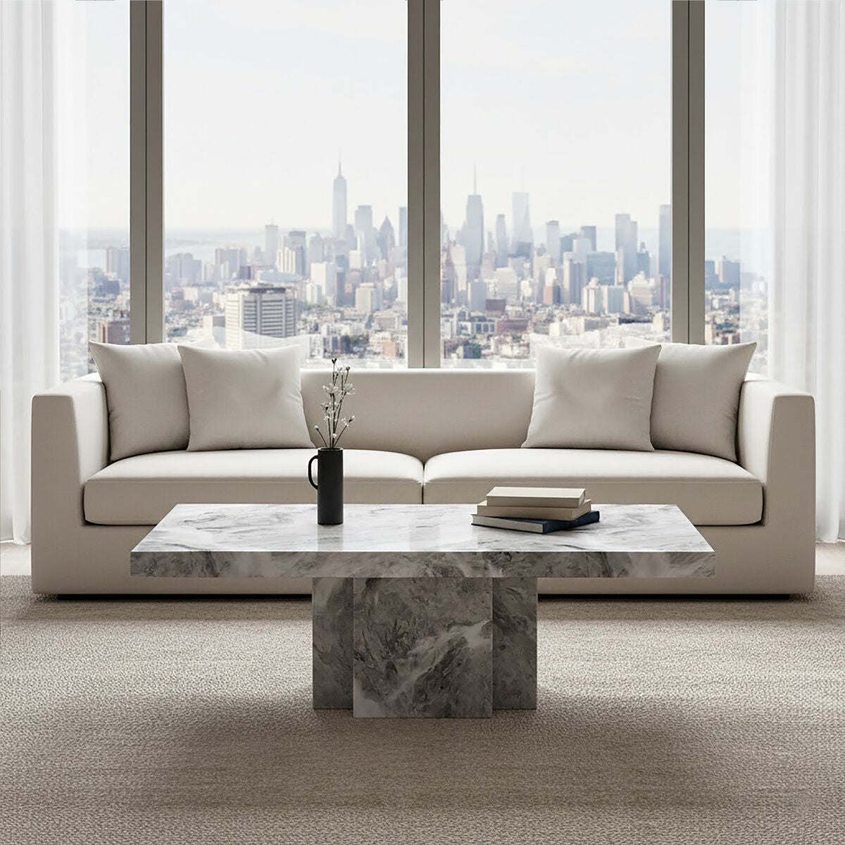 Grey Marble Top Coffee Table With Pedestal Base & Silver Metal Trim, Saronno