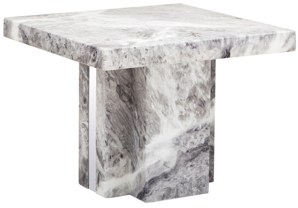 Grey Marble Top Side Table With Pedestal Base & Silver Stainless Steel Detailing, Saronno