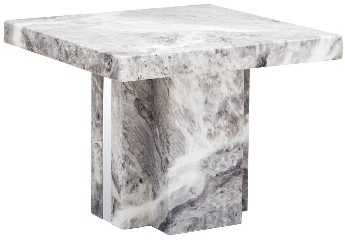 Grey Marble Top Side Table With Pedestal Base & Silver Stainless Steel Detailing, Saronno