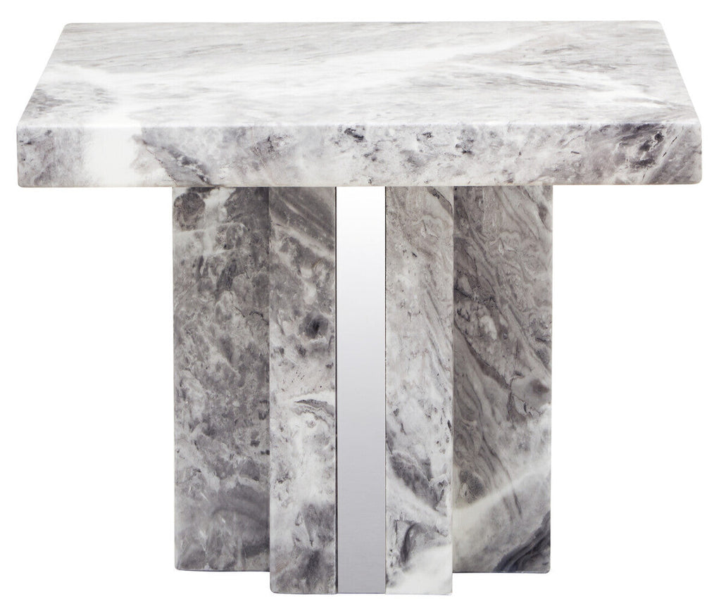 Grey Marble Top Side Table With Pedestal Base & Silver Stainless Steel Detailing, Saronno
