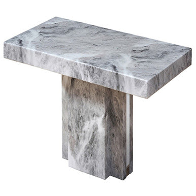 Grey Marble Top Side Table With Pedestal Base & Silver Stainless Steel Detailing, Saronno