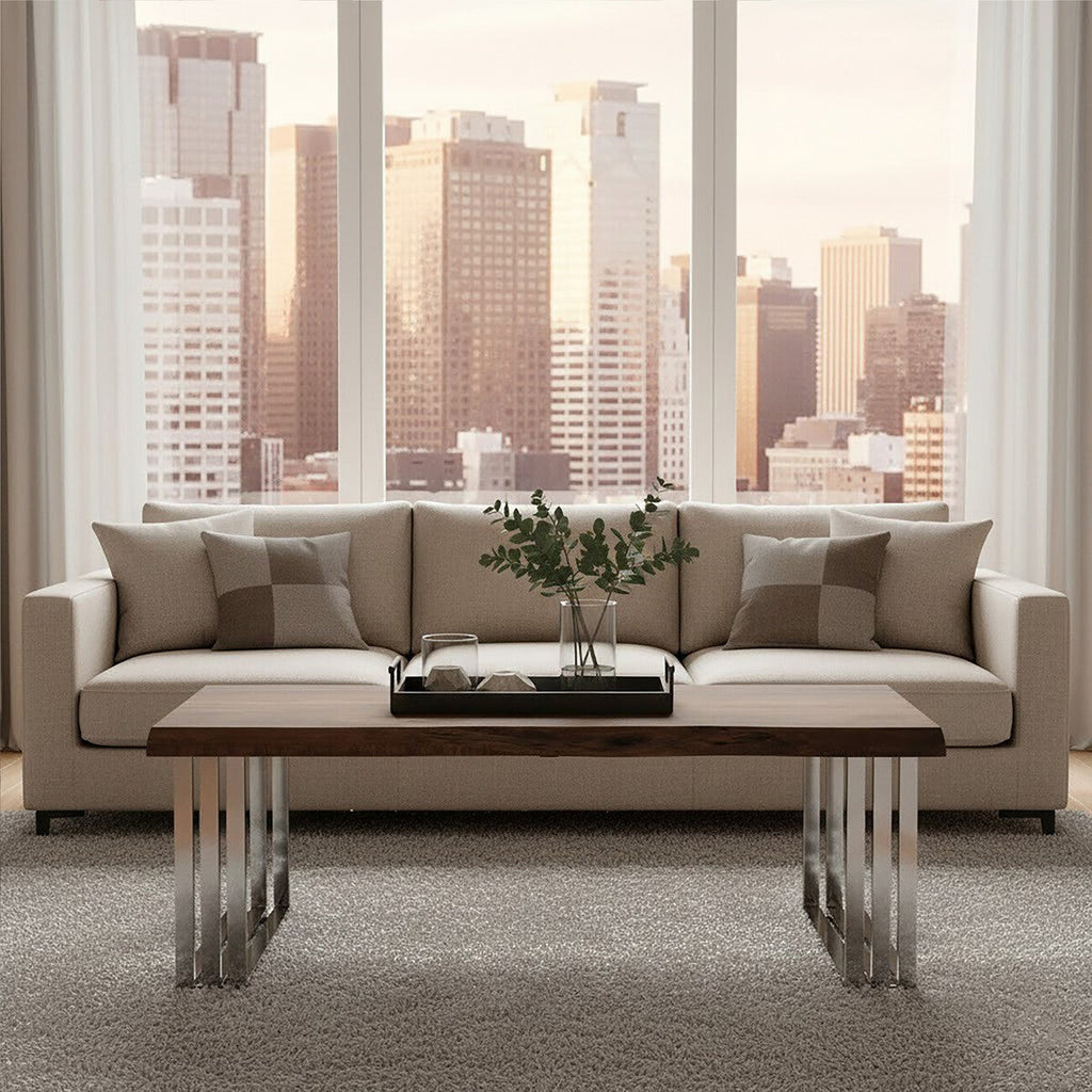 Natural Wood Top Coffee Table With Silver Stainless Steel Looped Base, Hampstead