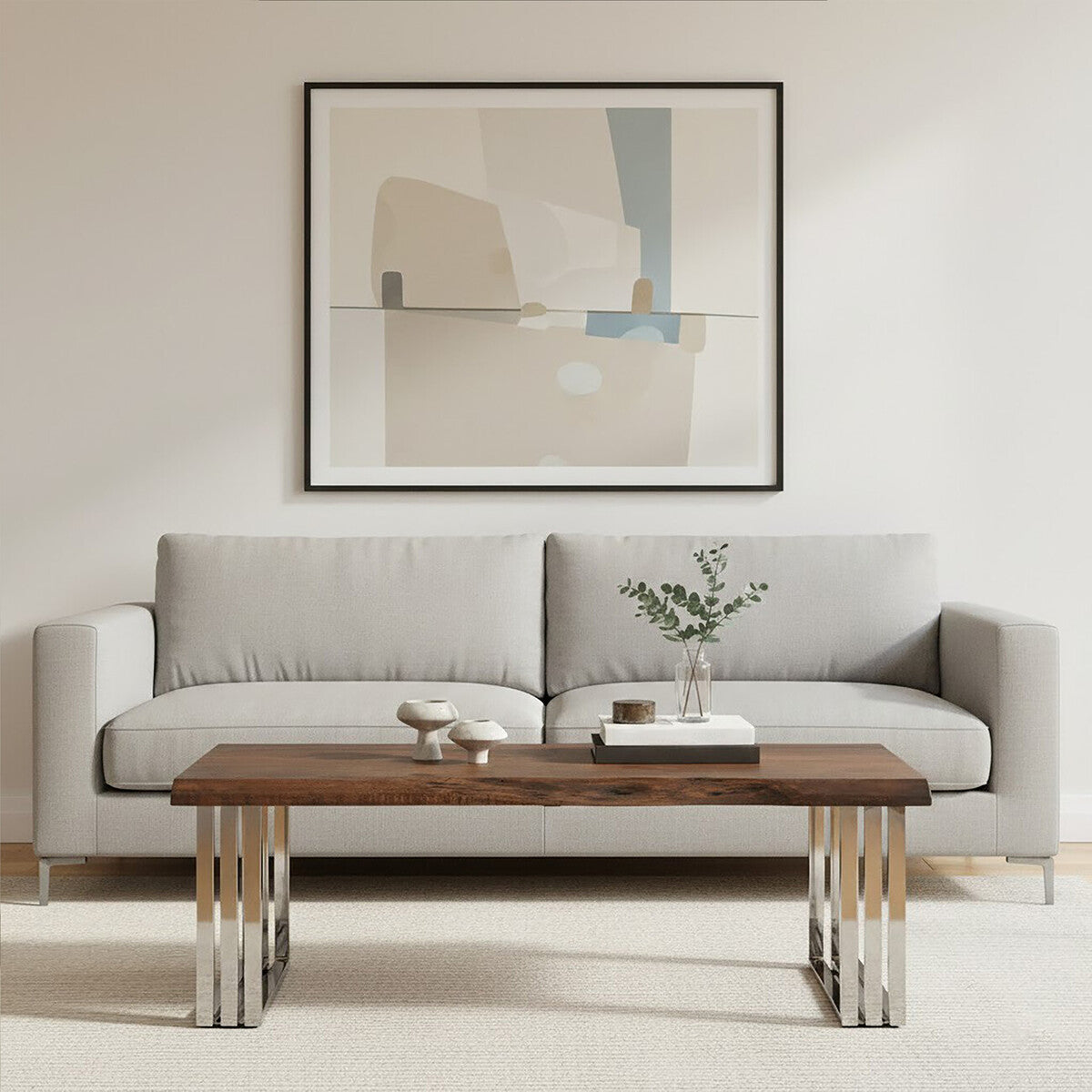 Natural Wood Top Coffee Table With Silver Stainless Steel Looped Base, Hampstead