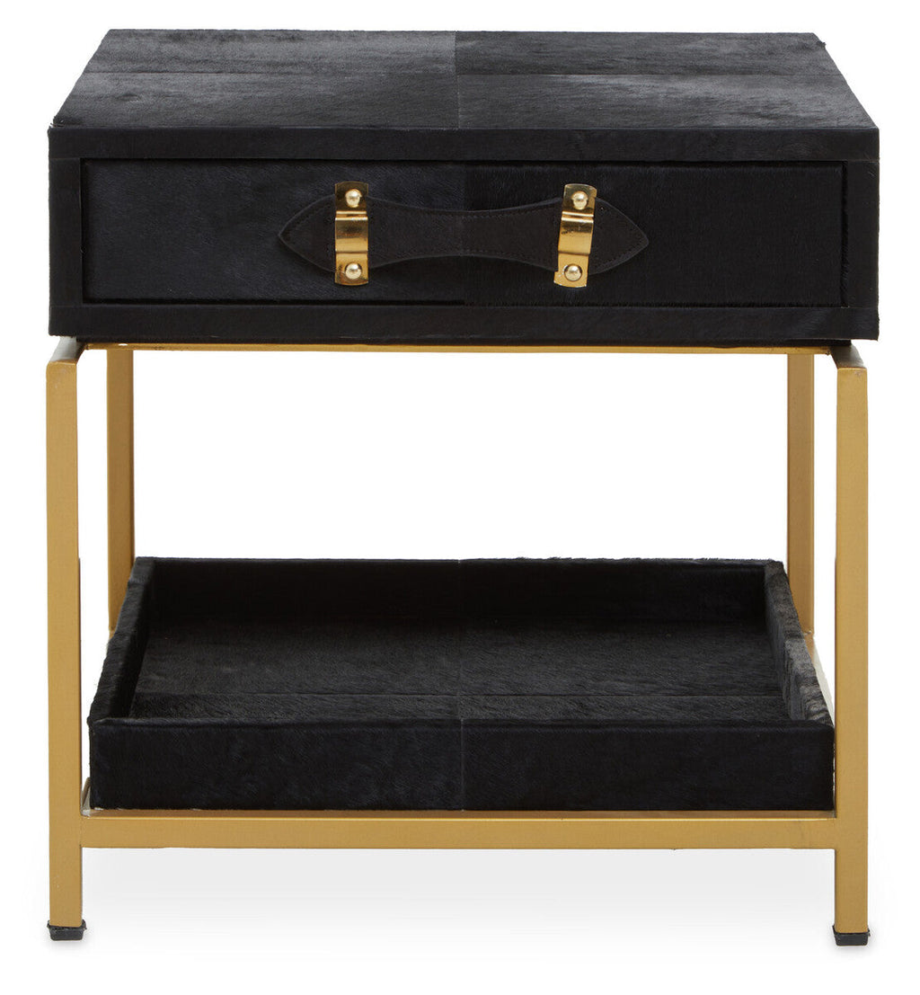 Black Hair-On-Hide Leather Bedside Table With Gold Metal Frame & 1 Drawer, Kensington Townhouse