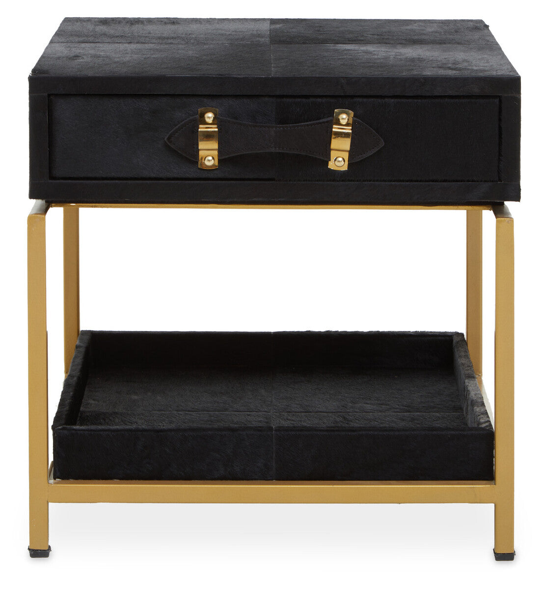 Black Hair-On-Hide Leather Bedside Table With Gold Metal Frame & 1 Drawer, Kensington Townhouse