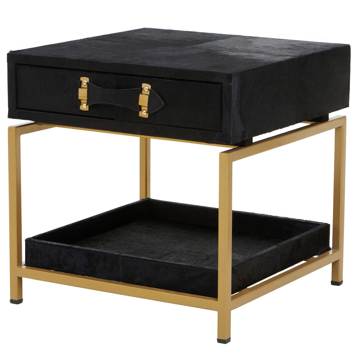 Black Hair-On-Hide Leather Bedside Table With Gold Metal Frame & 1 Drawer, Kensington Townhouse