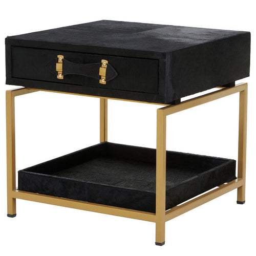 Black Hair-On-Hide Leather Bedside Table With Gold Metal Frame & 1 Drawer, Kensington Townhouse