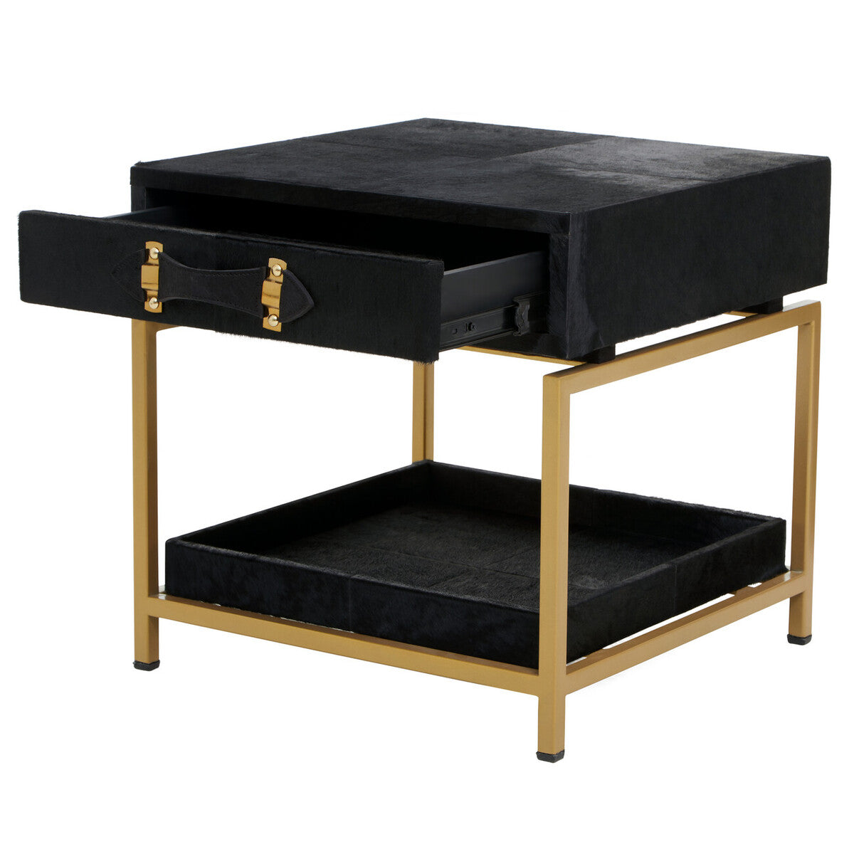 Black Hair-On-Hide Leather Bedside Table With Gold Metal Frame & 1 Drawer, Kensington Townhouse