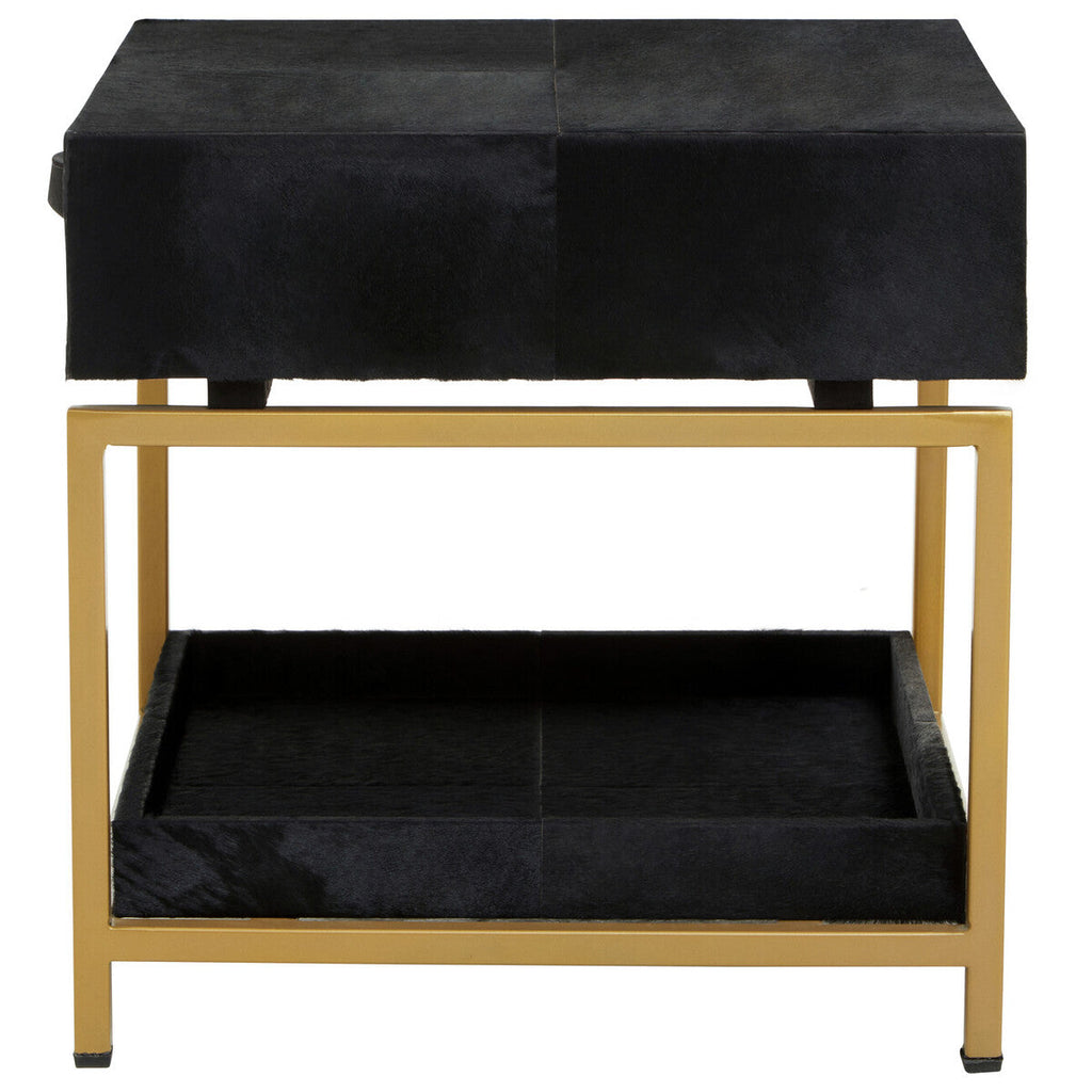 Black Hair-On-Hide Leather Bedside Table With Gold Metal Frame & 1 Drawer, Kensington Townhouse
