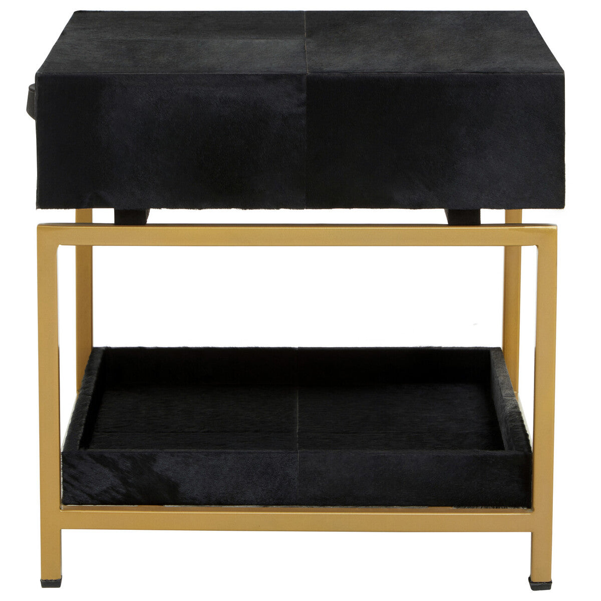 Black Hair-On-Hide Leather Bedside Table With Gold Metal Frame & 1 Drawer, Kensington Townhouse