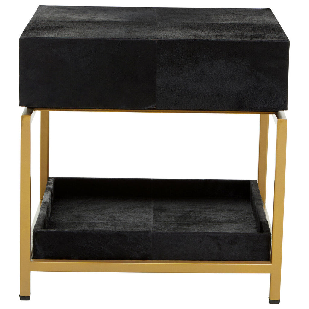 Black Hair-On-Hide Leather Bedside Table With Gold Metal Frame & 1 Drawer, Kensington Townhouse
