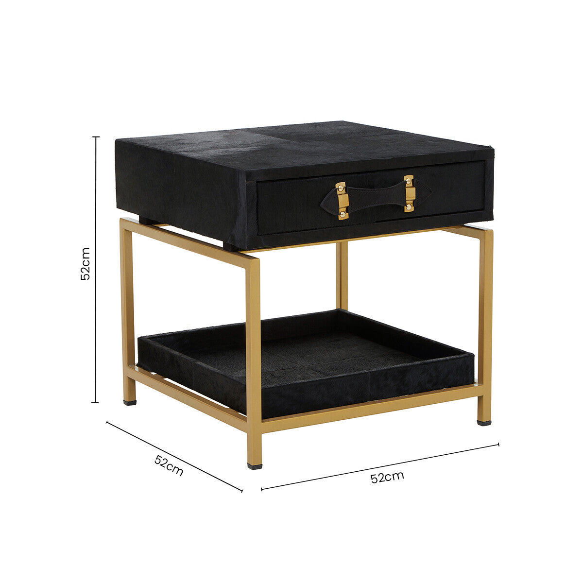 Black Hair-On-Hide Leather Bedside Table With Gold Metal Frame & 1 Drawer, Kensington Townhouse