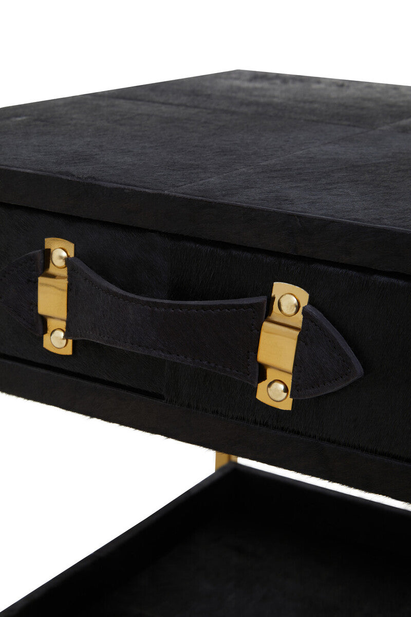 Black Hair-On-Hide Leather Bedside Table With Gold Metal Frame & 1 Drawer, Kensington Townhouse