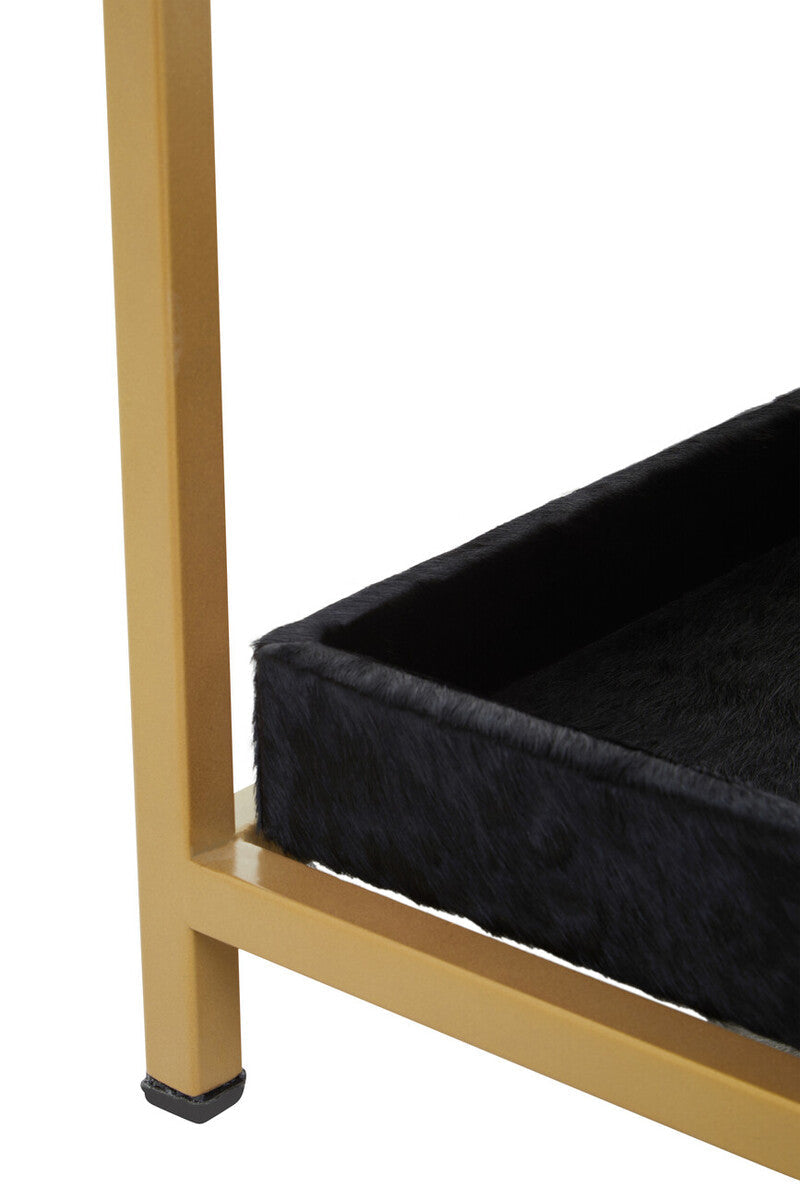 Black Hair-On-Hide Leather Bedside Table With Gold Metal Frame & 1 Drawer, Kensington Townhouse