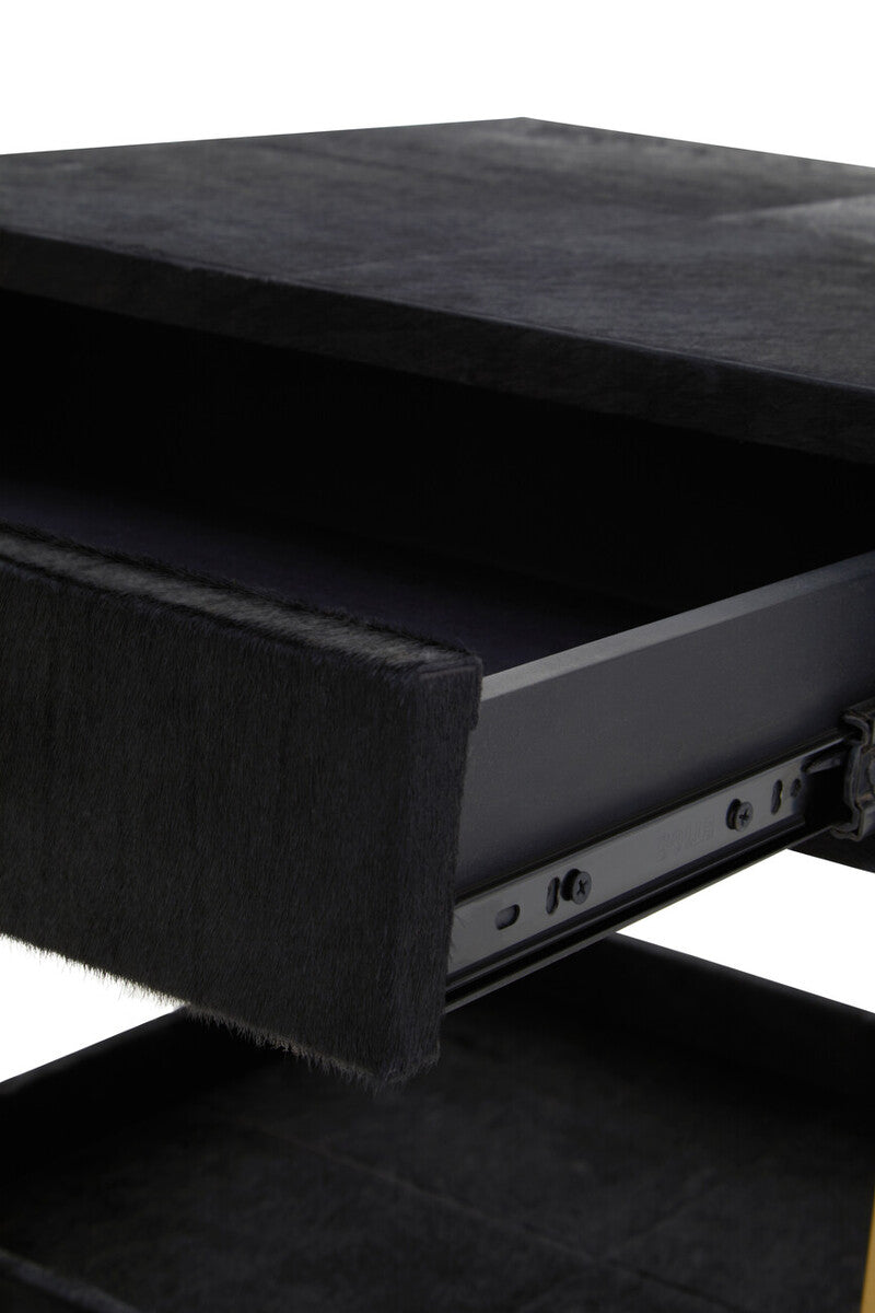 Black Hair-On-Hide Leather Bedside Table With Gold Metal Frame & 1 Drawer, Kensington Townhouse