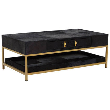 Black Hair-On-Hide Leather Coffee Table With Gold Metal Frame & Storage Drawer, Kensington Townhouse